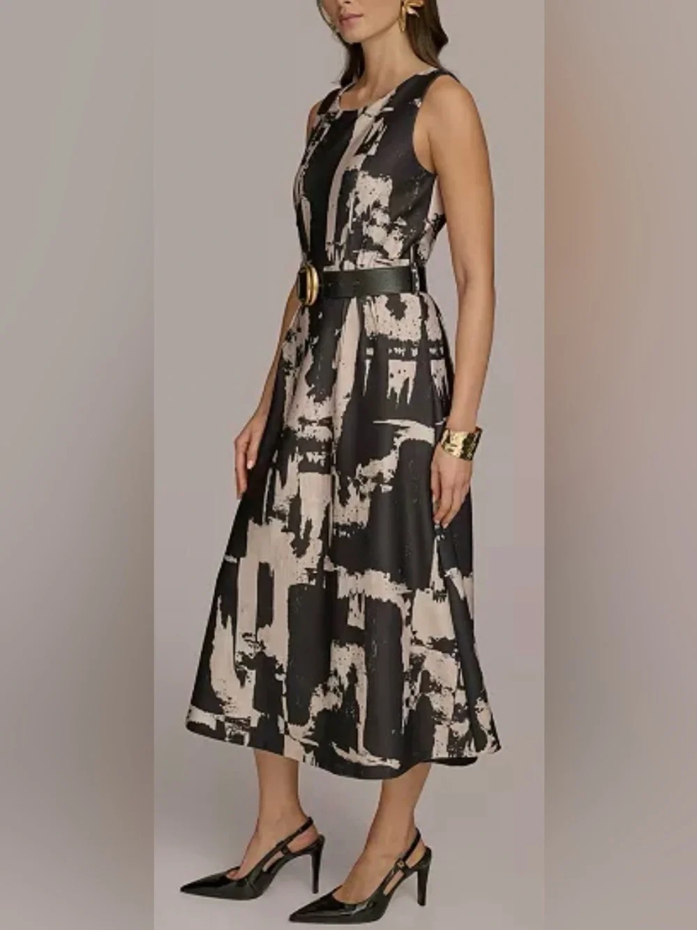 NEW Donna Karan Abstract Print Crew Neck Sleeveless Belted Scuba Midi Dress 14 - Picture 3 of 11